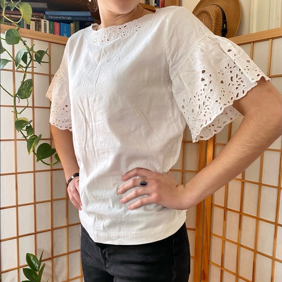 Linen Eyelet Broderie Flutter Sleeve Blouse - Picture 5 of 16